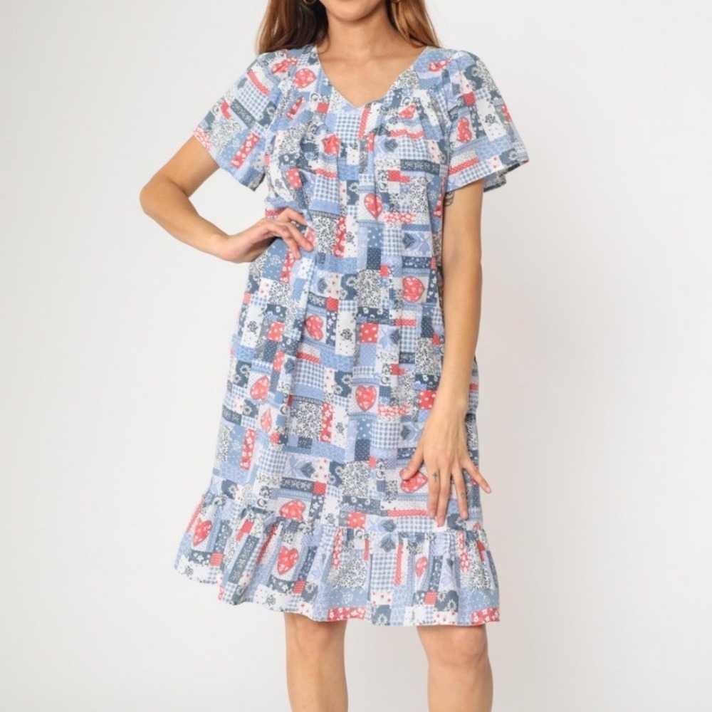 Anthony Richard Women One Size Patchwork‎ Dress Blue Red White Muumuu Americana